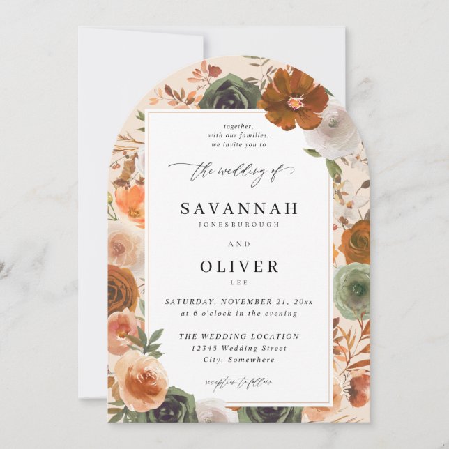 Grönt & Terra Cotta Blommigt Bröllop S2 VLN- Arch  Inbjudningar (Framsida)