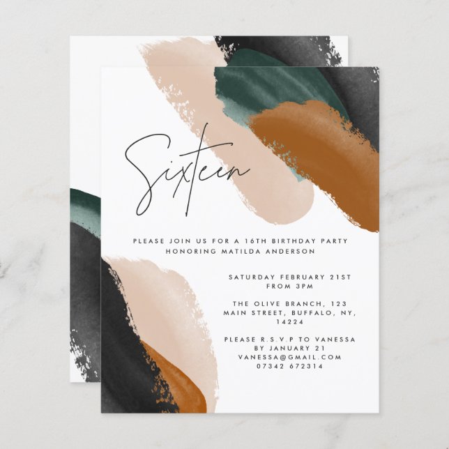 Grönt terracotta abstrakt vattenfärg 16:e födelsed (Fram/baksida)