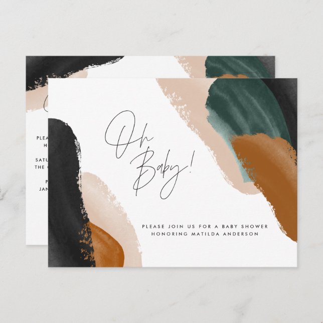 Grönt terracotta abstrakt vattenfärgsbabydusch i vykort (Fram/baksida)