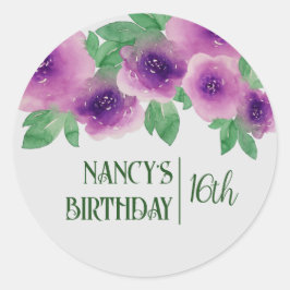 Grönt Text Watercolor Lila Ro 16:e födelsedagen Runt Klistermärke