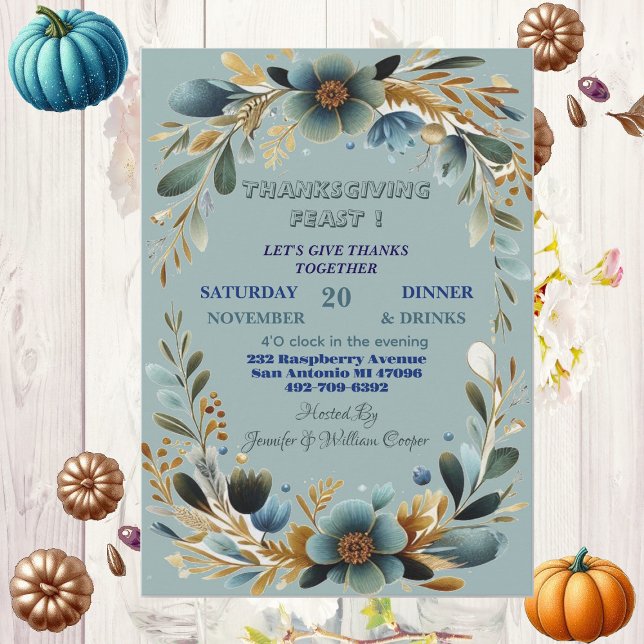 Grönt Thanksgiving höstkolsmatning för botaniskt l Inbjudningar (Green Botanical Foliage Autumn Thanksgiving Feast Invitation)