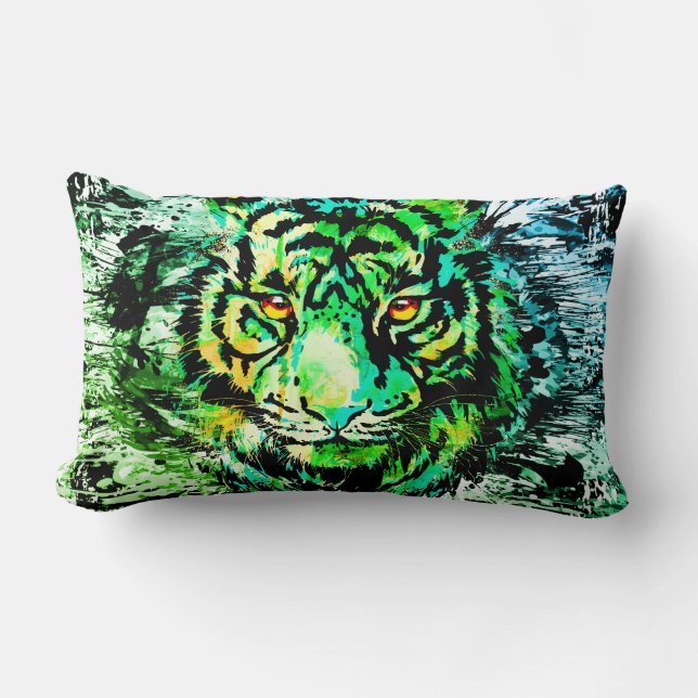 Grönt Tiger Head | Tiger Teckning Lumbar Pillow Lumbarkudde (Framsida)
