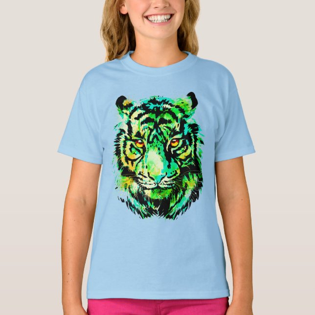 Grönt Tiger Kids T-Shirt - Grönt Tiger Teckning (Framsida)