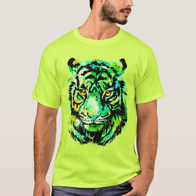 Grönt Tiger T-Shirt - Grönt Tiger Ansikte Teckning (Framsida)