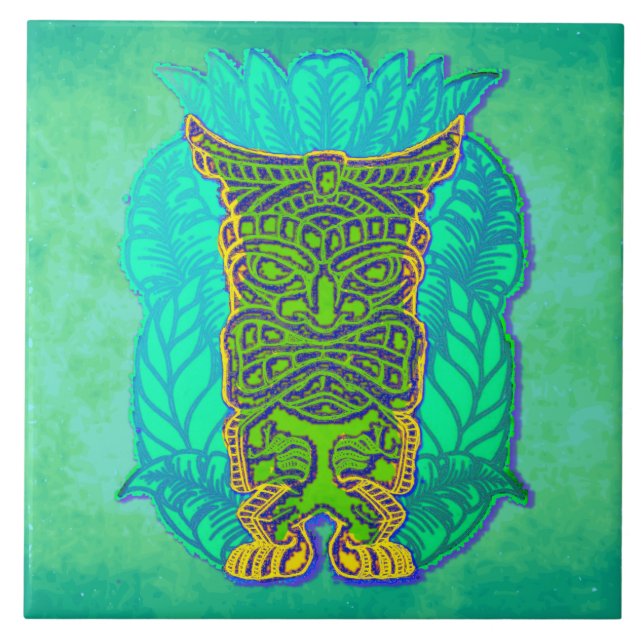 Grönt Tiki om Turqoise Grungy Background Kakelplatta (Framsidan)