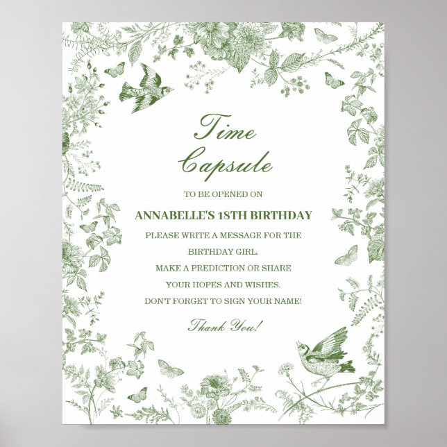 Grönt Toile Blommigt Time Capsule Baby Birthday Ga Poster (Framsidan)
