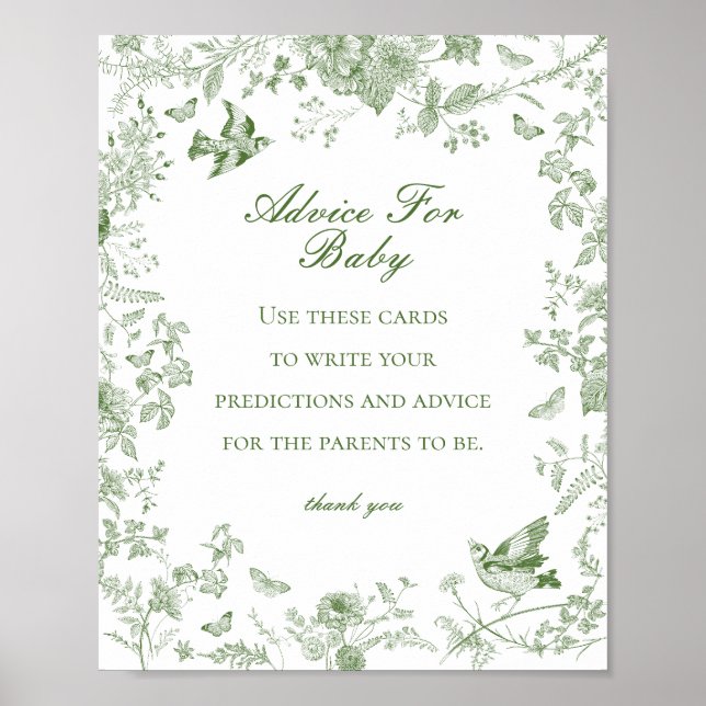 Grönt Toile de Jouy Advice for Baby Shower Game Poster (Framsidan)