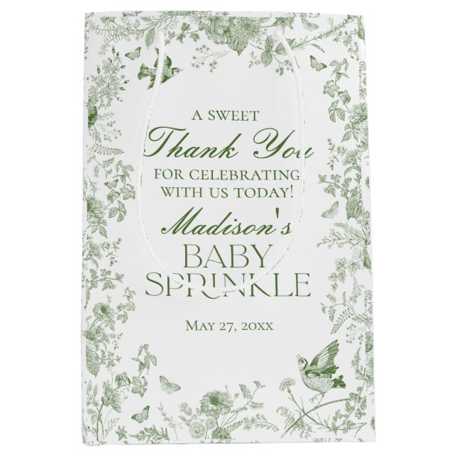 Grönt Toile De Jouy Baby Sprinkle Favors (Framsidan)