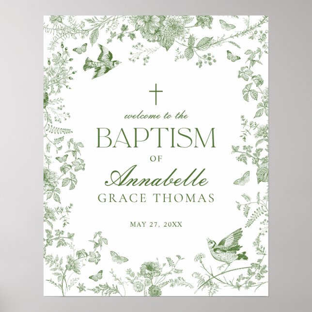 Grönt Toile De Jouy Blommigt Baptism Välkomsttecke Poster (Framsidan)