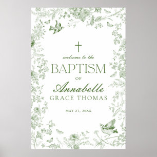 Grönt Toile De Jouy Blommigt Baptism Välkomsttecke Poster