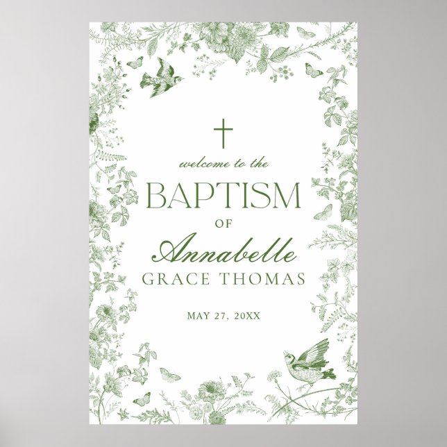 Grönt Toile De Jouy Blommigt Baptism Välkomsttecke Poster (Framsidan)