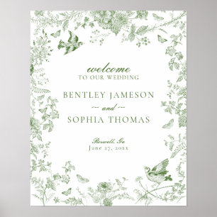 Grönt Toile De Jouy Blommigt Bröllop Välkomsttecke Poster