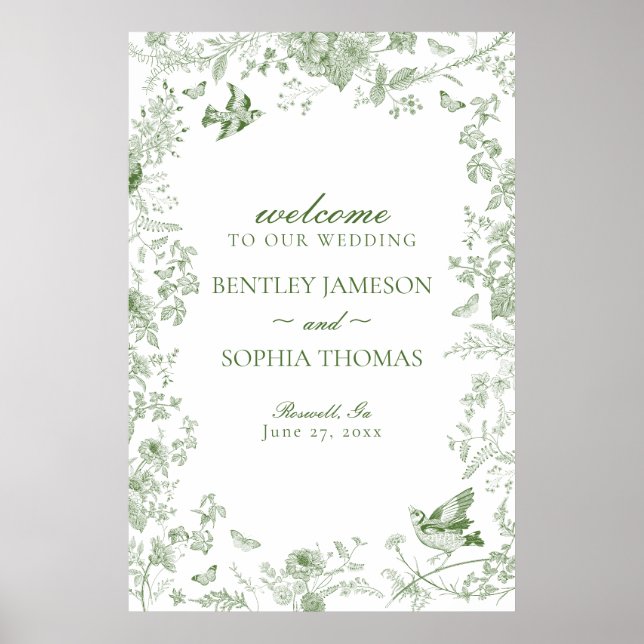Grönt Toile De Jouy Blommigt Bröllop Välkomsttecke Poster (Framsidan)