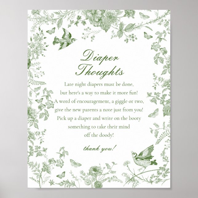 Grönt Toile de Jouy Diaper Thoughts Baby Shower Poster (Framsidan)
