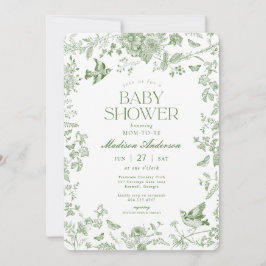 Grönt Toile De Jouy Vintage Blommigt Baby Shower Inbjudningar