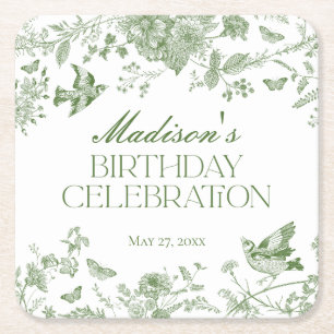 Grönt Toile De Jouy Vintage Blommigt Birthday Underlägg Papper Kvadrat