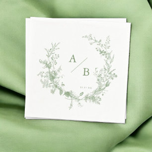 Grönt Toile Fransk Bröllop Monogram Napkins Pappersservett
