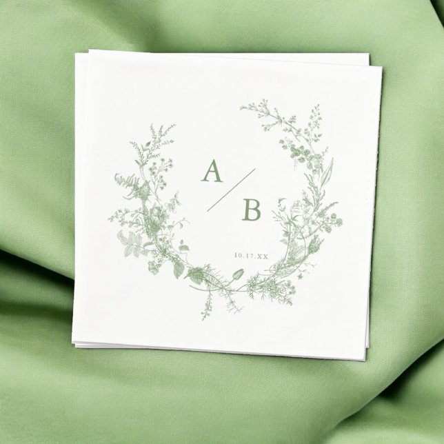 Grönt Toile Fransk Bröllop Monogram Napkins Pappersservett (Skapare uppladdad)