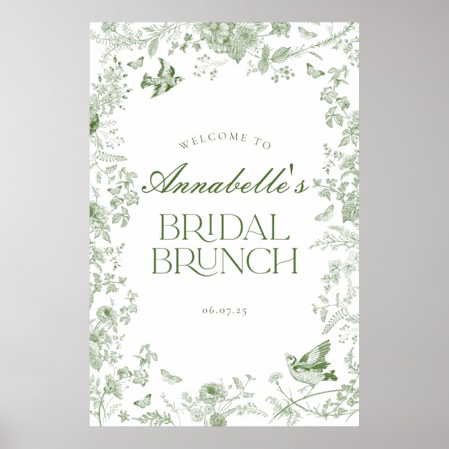 Grönt Toile Jouy Blommigt Möhippa Brunch Välkomstt Poster (Framsidan)