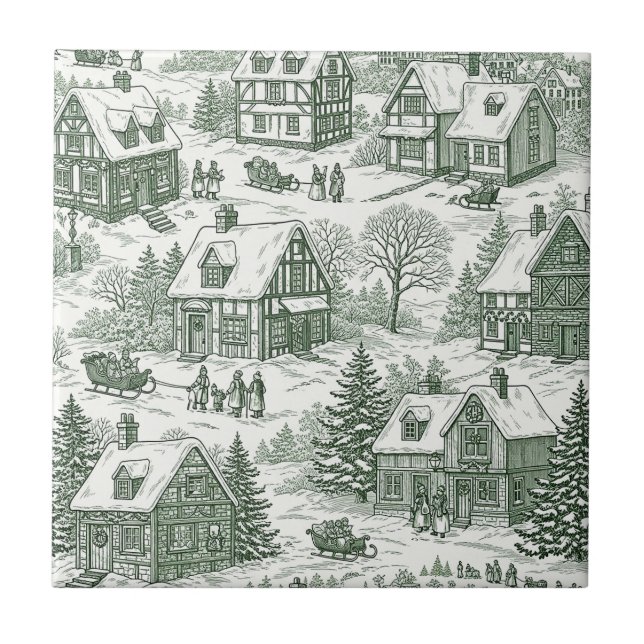 Grönt Toile Vintage Julby Pattern (2) Kakelplatta (Framsidan)