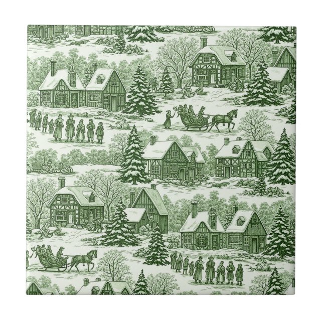 Grönt Toile Vintage Julby Pattern Kakelplatta (Framsidan)