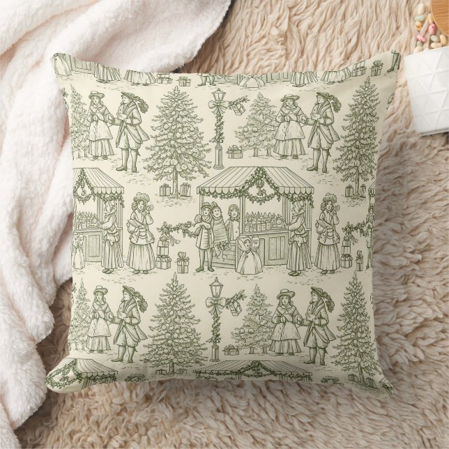 Grönt Toile Vintage julby scen Kudde (Filt)