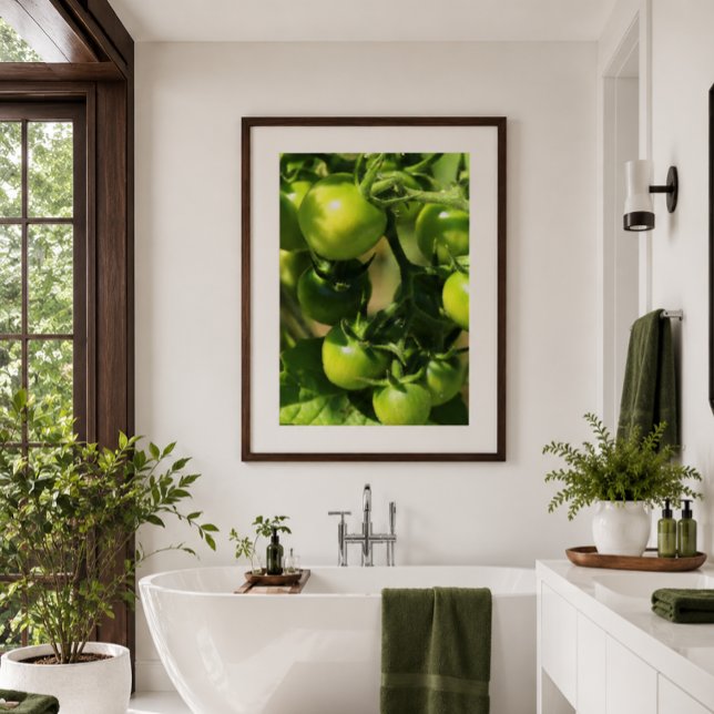 Grönt Tomater Poster (Fresh botanical tomato poster brings natural color and spa-inspired elegance to modern bathrooms.)