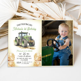 Grönt Tractor 1: a Birthday Party Photo Inbjudningar
