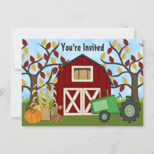 Grönt Tractor and Red Barn Autumn Farm Birthday Inbjudningar