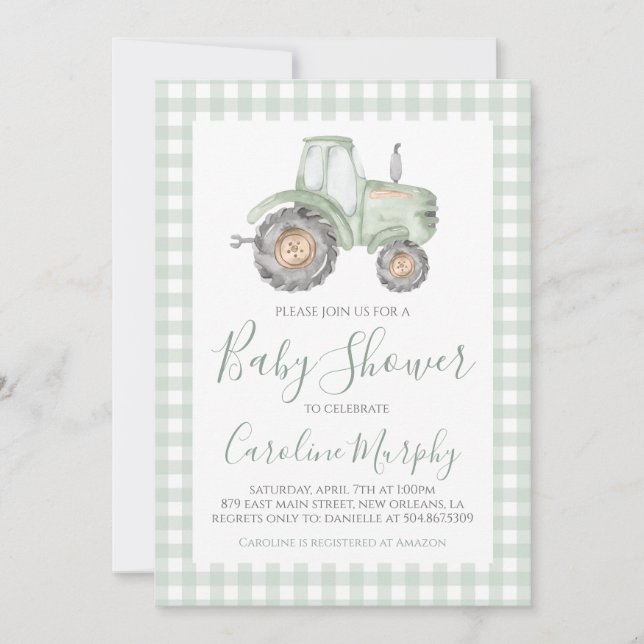 Grönt Tractor Baby Shower Preppy Gingham Inbjudningar (Framsida)