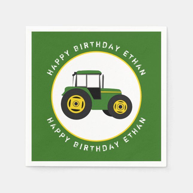 Grönt Tractor Birthday Anpassningsbar Pappersservett (Framsidan)