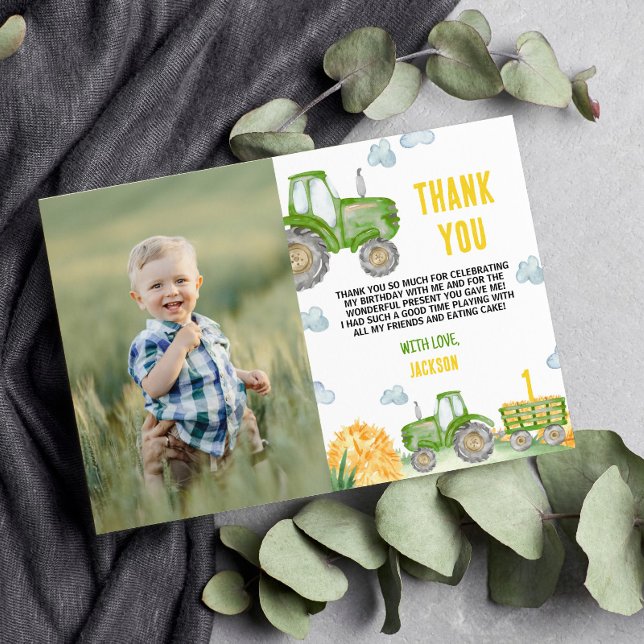 Grönt Tractor Farm Birthday Photo Tackto You Card Tack Kort (Skapare uppladdad)