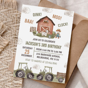 Grönt Tractor Farm Boy 3rd Birthday Party Inbjudningar