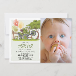 Grönt Tractor Farm Boy Photo 1st Birthday Inbjudningar