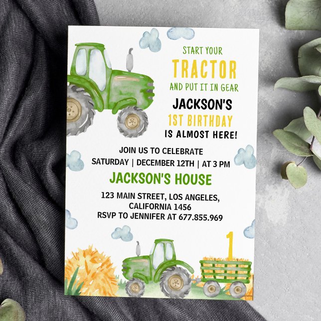 Grönt Tractor Farm Födelsedagsfest inbjudan (Skapare uppladdad)