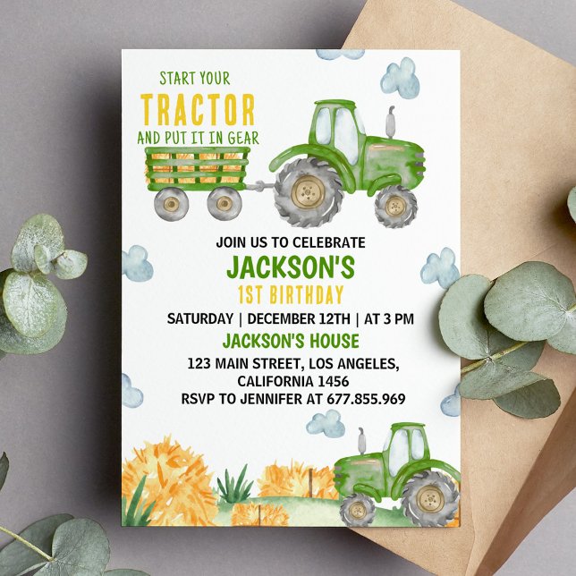 Grönt Tractor Farm Födelsedagsfest inbjudan (Skapare uppladdad)