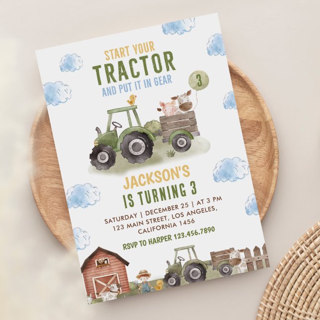 Grönt Tractor Farm Födelsedagsfest Inbjudningar (Skapare uppladdad)