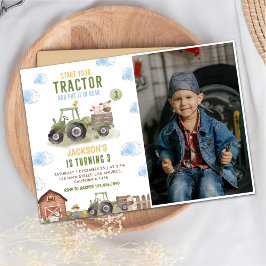 Grönt Tractor Farm Födelsedagsfest Photo Inbjudningar
