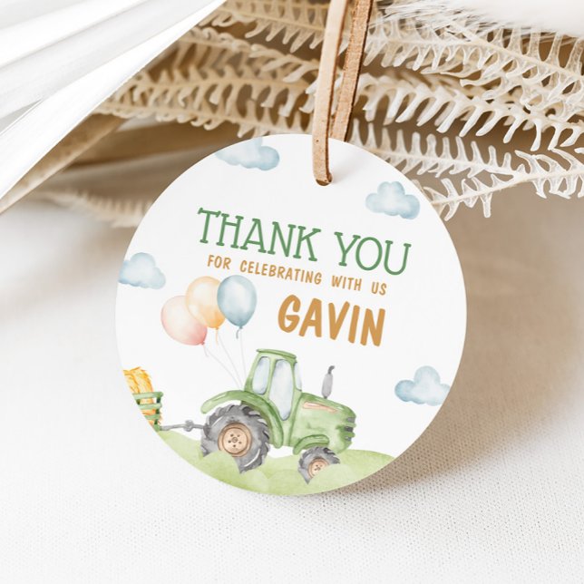 Grönt Tractor Farm Födelsedagsfest Round Gåvor Etiketter (Green Tractor Birthday Party Favor Tags)