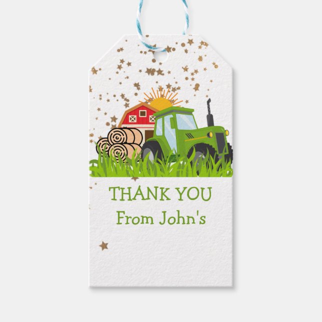 Grönt Tractor | Födelsedagsfest av grupptema - dek Presentetikett (Framsidan)