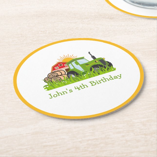 Grönt Tractor | Födelsedagsfest av grupptema - dek Underlägg Papper Rund (Vinklad)