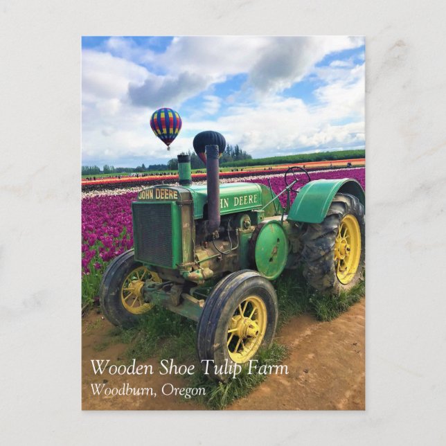 Grönt Tractor in Tulip Fält, Oregon Vykort (Framsida)