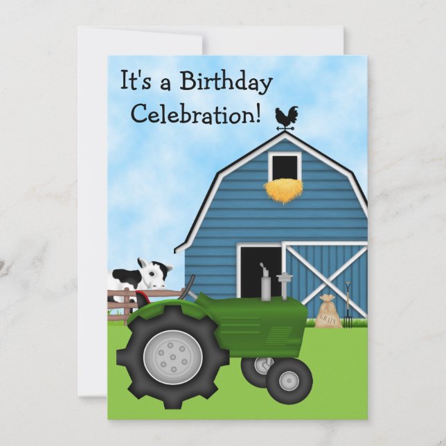 Grönt Tractor och Blue Barn Birthday Inbjudan ~ Bo (Framsida)
