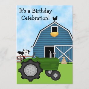 Grönt Tractor och Blue Barn Birthday Inbjudan ~ Bo