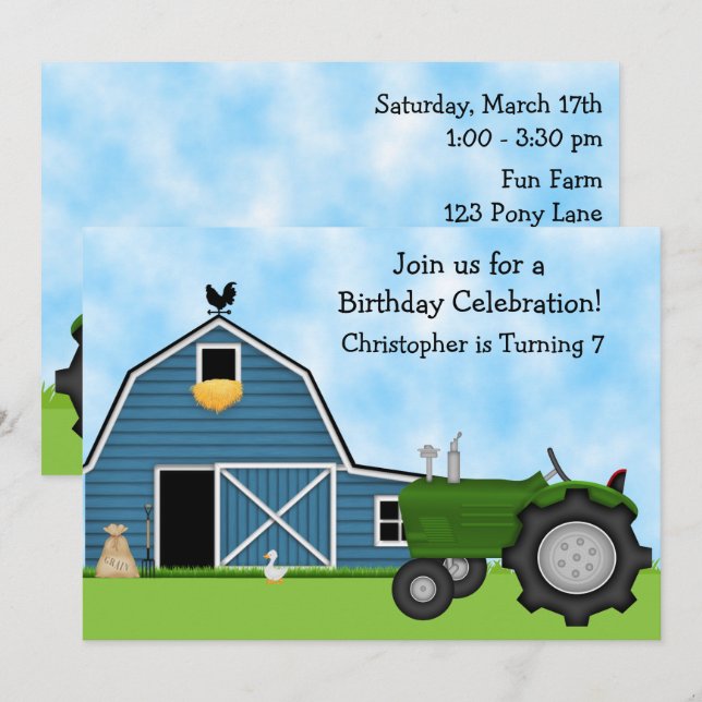 Grönt Tractor och Blue Barn Boys Birthday Inbjudan (Fram/baksida)