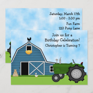 Grönt Tractor och Blue Barn Boys Birthday Inbjudan