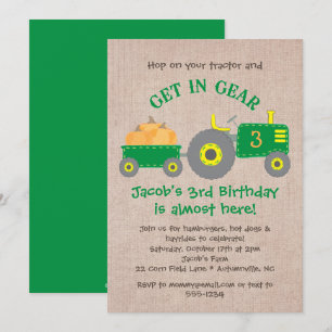 Grönt Tractor och Pumpkins Fall Birthday Boy Party Inbjudningar