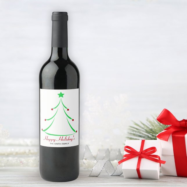 Grönt Träd Red Baubles Glad helg jul Vinflaska Etikett (Green Tree Red Baubles Happy Holidays Christmas Wine Label)