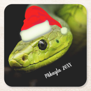 Grönt Träd Snake i Santa Hat Underlägg Papper Kvadrat