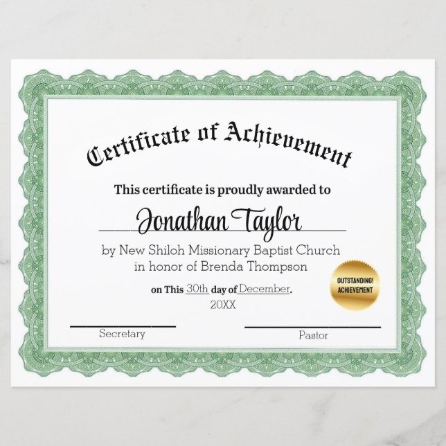 Grönt Traditional Certificate of Scholarship (Framsida)